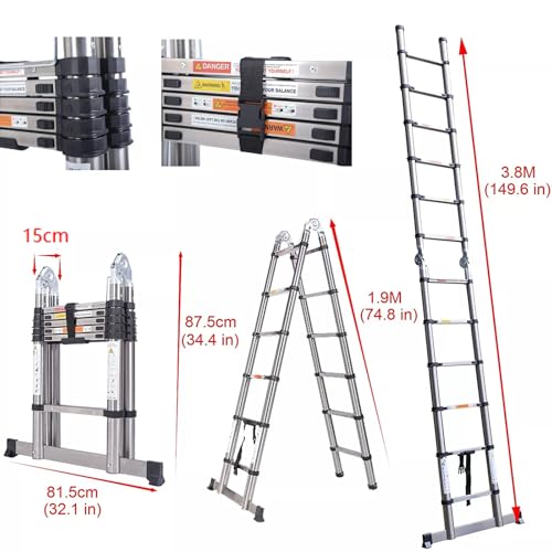 Thickened Telescopic Ladder Extendable Stainless Steel Step Ladder Folding Extension Ladders A-Frame Ladder, More Sturdy and Durable than others 3.8m/12.5ft(6.2FT+6.2FT) 5 Thickened Telescopic Ladder Extendable Stainless Steel Step Ladder Folding Extension Ladders A-Frame Ladder, More Sturdy and Durable than others 3.8m/12.5ft(6.2FT+6.2FT) - Image 5