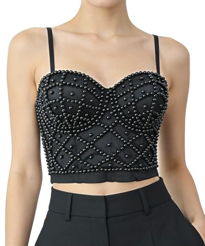 bslingerie® Madonna Style Metallic Studs Bustier Bra Corset Top (S, Black Pearl)