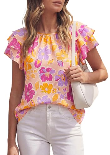 PRETTYGARDEN Boho Floral Tops for Women Summer Blouses Dressy Casual 2026 Spring Beach Vacation Ruffle Short Sleeve Shirts (Pink Multicolored Floral,Medium)