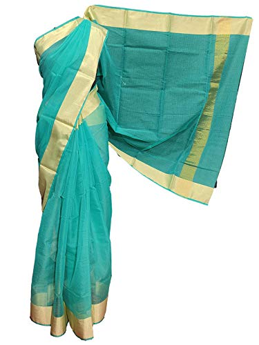 Triveni Handloom Kota Doria Plain Zari Border Saree(Blue)