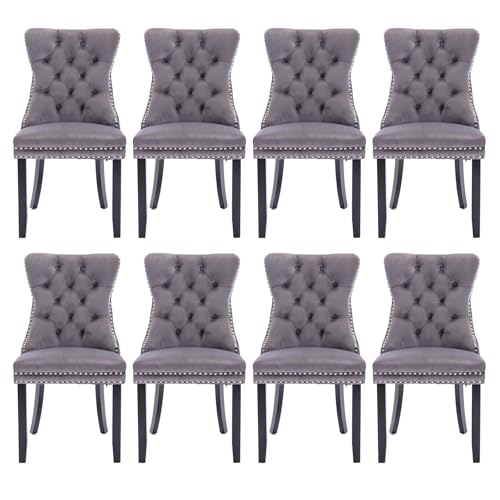 soartalent velvet upholstered dining chairs set of 8, modern style kitchen side chairs with nailhead trim and wood legs,metal pulling ring for dining room living room(grey) of8,