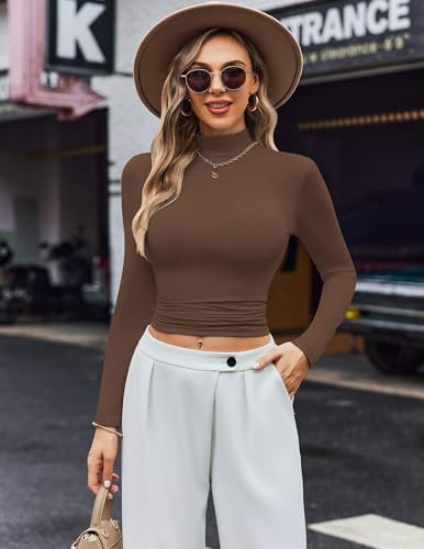 Ekouaer Women's Turtleneck Shirts Long Sleeve Soft Lightweight Fitted Mock Thermal Base Layer Tops Brown XL — view 3