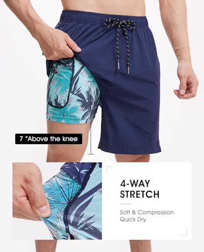 Image of Gleeease 7inch Mens Swim Trunks 2 in 1 with Compression Liner Pockets Drawstring Quick Dry Stretch Lined Funny Beach Pool