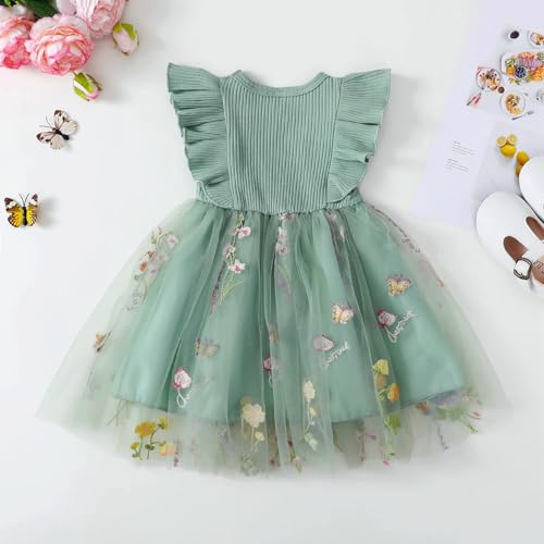 Toddler Girls Dress Boho Toddler Dress Flower Baby Girl Tulle Dress Kids Little Girl Princess Dress (Green, 6-12 Months) - Thumbnail 4