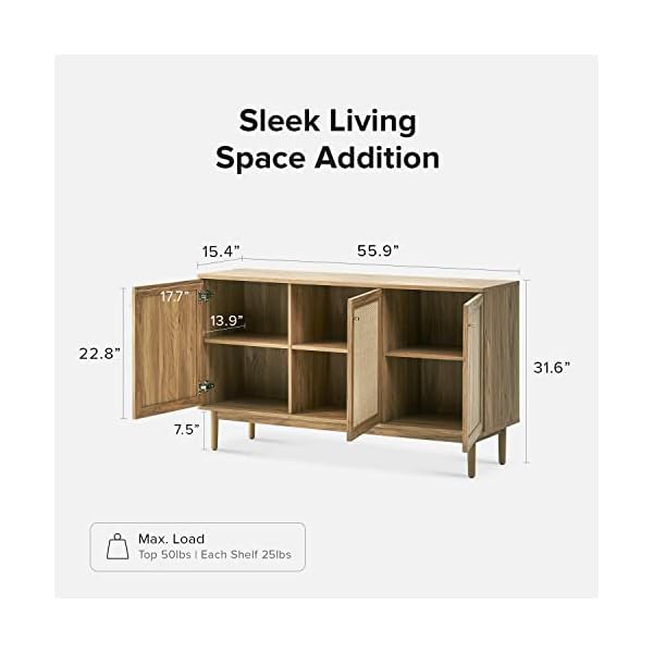 Mopio haylee sideboard modern farmhouse boho accent buffet storage cabinet natural rattan doors console table credenza media cabinet adjustable shelves for kitchen coffee bar living room oak  urban country home decor