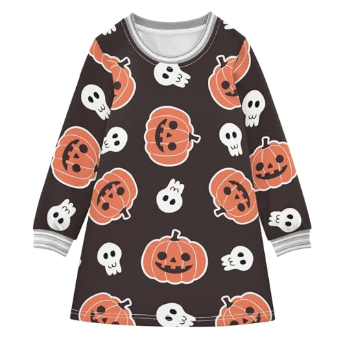 Pumpkin Skeleton Girls Dresses Long Sleeve Sweatshirt Dress for Girls Winter Toddler Casual A Line Dresses Size 2-8T