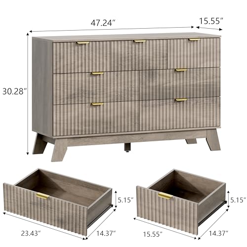 Image of Wodeer 7 Drawer Fluted Dresser for Bedroom, Mid Century Modern Wooden Dresser with 7 Drawers, Dressers & Chests of Drawers with Metal Handle, TV Stand & Storage Organizer for Entryway, Hallway, Grey