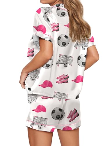 Image of SHESHOW Pajamas for Women Set Satin Button Down Short Sleeve Top and Shorts Pjs Sets Sport Ball Print Sleepwear XS-XXL