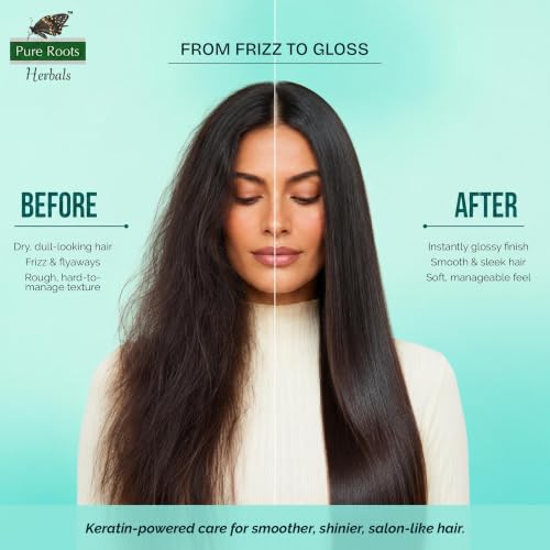 Image of Pure Roots Keratin Hair Serum 100ml (Pack of 3) for Protection and Shine, Dry, Flyaway & Frizzy Hair | Instant Shine & Smoothness | Regular Us | Soft & Silky Touch -Total - 300ml