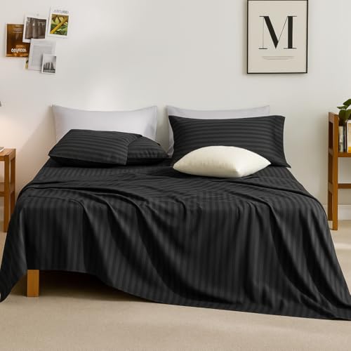 Image of Sofrito Bed Sheet Glace Cotton Striped - 300 TC - King (100 inchx108 inch) - with 2 Pillow Cover | Ideal for Hospitals, Clinics, Hostels, PGs, Hotels & Guest Houses | Black