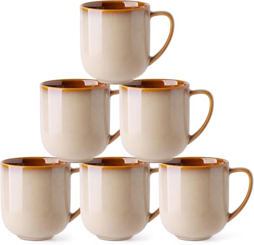 LERATIO Steengoed koffiemokken set van 6, 350 ml koffiekopjes met groot handvat voor latte, cappuccino, melk, cacao, vaatwasmachinebestendige mokken sets, cappuccino