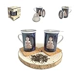 ➤⭐⭐⭐⭐⭐Pack 2 Taza de té de cerámica con filtro de acero para hojas, flores, hierbas, infusiones o Café o desayuno + 2 Posavasos de corcho ecológico