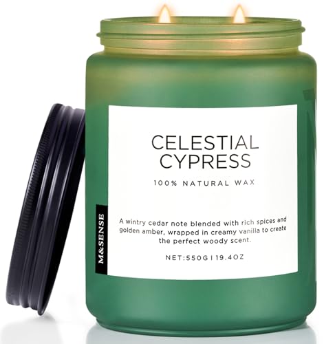 M&SENSE Celestial Cypress Large Soy Scented Candles Gifts for Men Long Burning 550g 110H Organic Woody Jar Candles Gift for Women 2 Wick Non Toxic Aromatherapy Candle for Relaxing Stress Relief