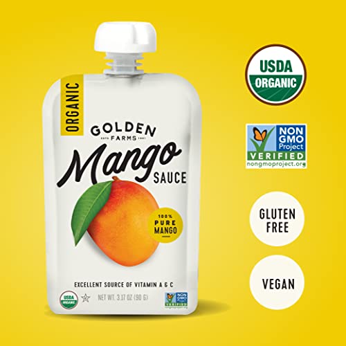 Golden Farms Mango Pouches, Single Ingredient Healthy Snacks, 100% Pure Fruit, No Added Sugar, Vegan, Gluten-Free, Kosher, Organic Squeeze Pouch 3.17oz Each (12 Pack)