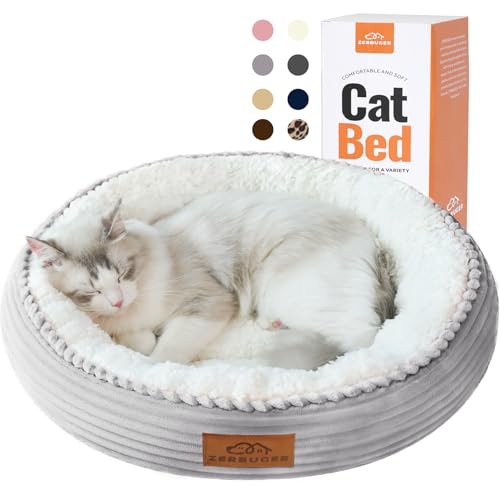 Cat Bed, 20In Calming Cat & Dog Beds for Indoor Pets, Pet Beds Comfortable Donut Round Ultra Soft, Washable for Puppy and Kitten with Slip-Resistant Bottom (Light Grey, 20IN 19.7″L x 19.7″W x 5.9″Th)