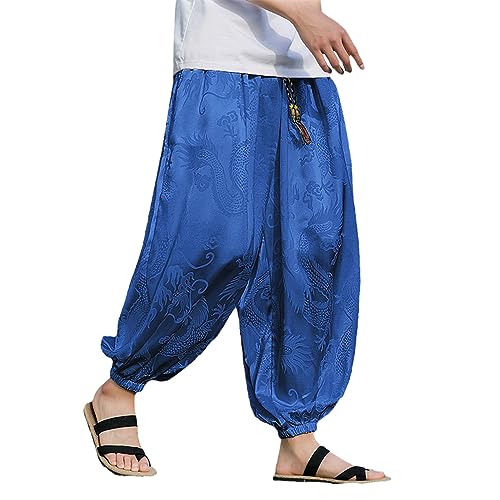 Hipster Ice Silk Satin Men' Pants Dragon Pattern Chinese Loose Trousers Smooth Comfortable Beach