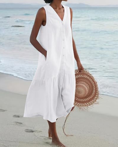 Image of chouyatou Women's Summer Sleeveless Button Down Cotton Tank Dress Loose A-Line Tiered Tunic Beach Dress