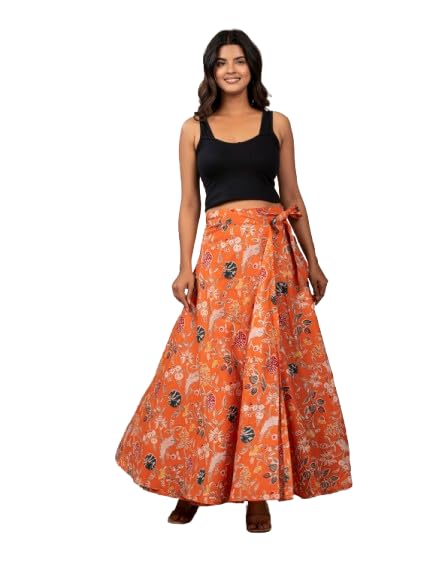 Jaipur Export qulity Cotton Hand Block Floral Printed Wrap Around Women’s and Girls Free Size Skirt Rapron. Orange-image-18
