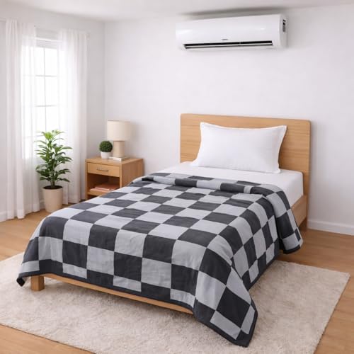 Image of Single Bed Dohar Modern Grey Check | Lightweight Summer Quilt | Soft Microfiber AC Blanket | Breathable All Season Comforter | Skin Friendly Bed Cover