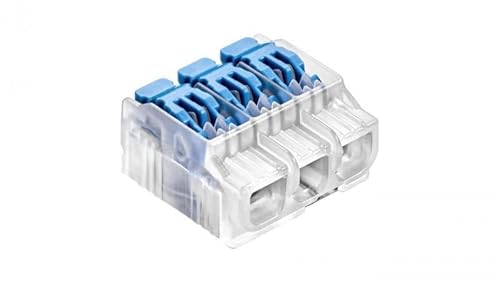 SIMET Morsetti di collegamento con leva per filo (0,2...4mm²), 3 conduttori, confezione da 10 pezzi, colore trasparente/blu, apertura a sgancio rapido, per il collegamento di conduttori elettrici