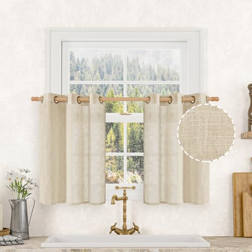 Image of LAMIT Short Window Linen Curtains 30 Inch Length for Cafe, Semi Sheer Light Filtering Panels Bronze Grommet Cafe Drapes for Half Window, 2 Panels, Linen, 34 x 30 Inch