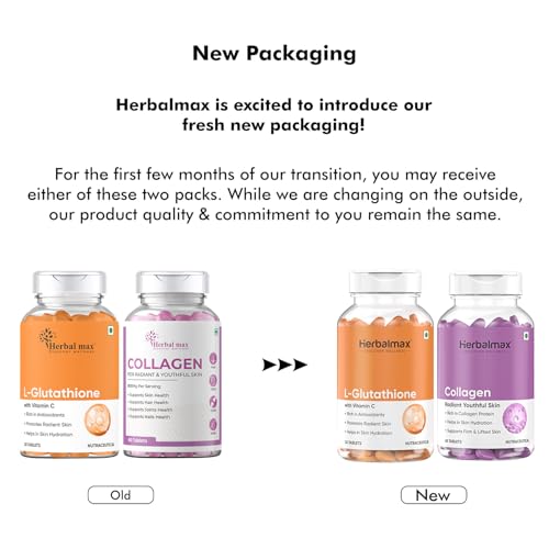 Herbal Max Collagen & L-Glutathione Supplement Skin Brightening, Anti-Aging, Hair & Nail Support 90 Tablets For Men & Women