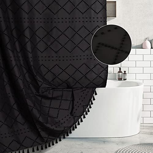 Siiluminisoy Boho Black Textured Shower Curtain with Tassels 72 x 72 Tufted Chevron Striped Chenille Woven Fabric Cloth Shower Curtain Modern Farmhouse Minimalist, Shabby Chic Home Decor for Bathroom