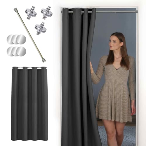 tinycurtains Thermo Türvorhang mit Vorhangstange & Magneten zum Abdichten einfache Montage ohne Bohren in 1 Min (195 x 150 cm anthrazit + Stange Silber 70120 cm + 6 Magnete)