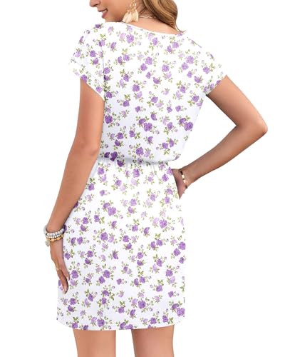Image of AUSELILY Womens Summer Mini Dress, Short Sleeve V Neck Drawstring Casual | Soft smooth drape with an adjustable drawstring waist for beach, casual outings and daily wear