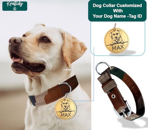Image of Dog Collar Belt with Name tag id Customized for Small Medium Large Dogs Military Army Print Neck Collar with Personalized Dog Name (with Dog Name) (Large Dogs)