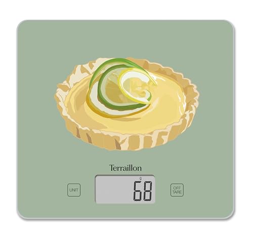 TERRAILLON - T1040 TARTE CITRON - Balance de cuisine électronique, Plateau verre, Capacité 3 kg, Graduation 1g, Tare, Conversions Liquides, Ultra-Fine et compacte - Ecran LCD - Tarte Citron