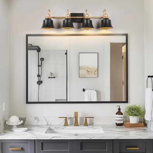 Image of KSANA Modern Bathroom Light Fixtures, Large 31 inch Black Vanity Lights Over Mirror 4 Light Farmhouse Bathroom Vanity Lighting for Bedroom, Kitchen, Living Room