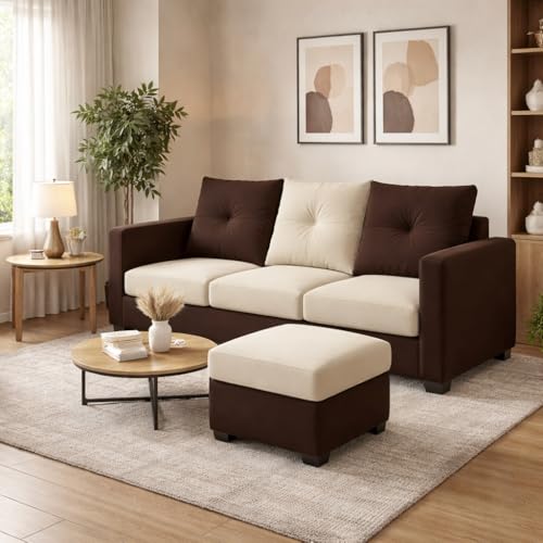 Image of FURNY Amonster 4 Seater L Shape Sofa Set with Movable Ottoman | Flexible Left or Right Layout | Plush Velvet Fabric (Dark Brown-Cream) | Perfect for Living Room, Guest Room & Office