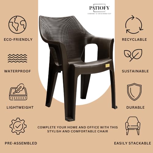 Image of Patiofy Plastic Chair for Home & Outdoor Use | Heavy Duty Comfortable Chair with Strong Legs | Stackable, Easy to Clean | Suitable for Living Room, Balcony, Patio Pack of 2 (Oxford Brown)