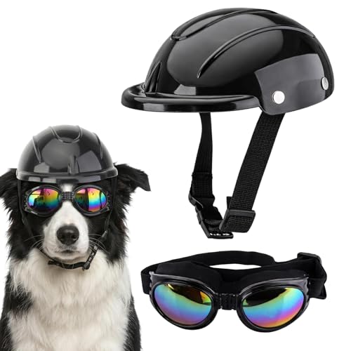2 Piece Set with Adjustable Belt Goggles for Outdoor Activities Motorcycle Riding Dog Helmet Dog Helmets for Small Dogs Dog Motorcycle Helmet Biking Adventures Plastic Construction Black Color