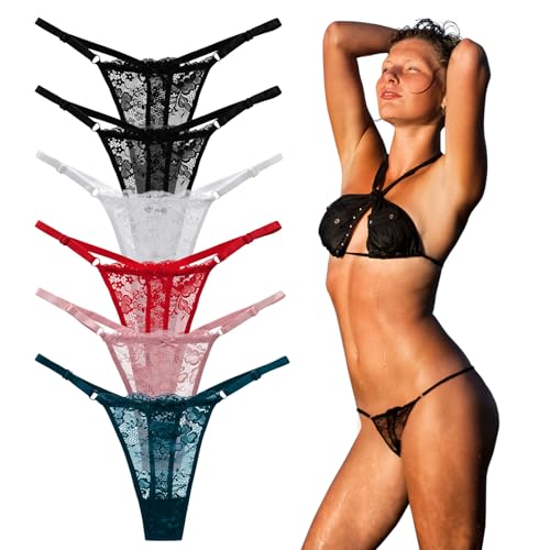 UILYNIU 6 Stücke Spitze Strings Tangas Damen, Niedrige Taille Unterhosen, Damen Spitze Unterhosen Sexy Dessous Thong, Lace Underwear Frauen Bikini Panty, Atmungsaktiv Slips, Einheitsgröße (Mehrfarbig)