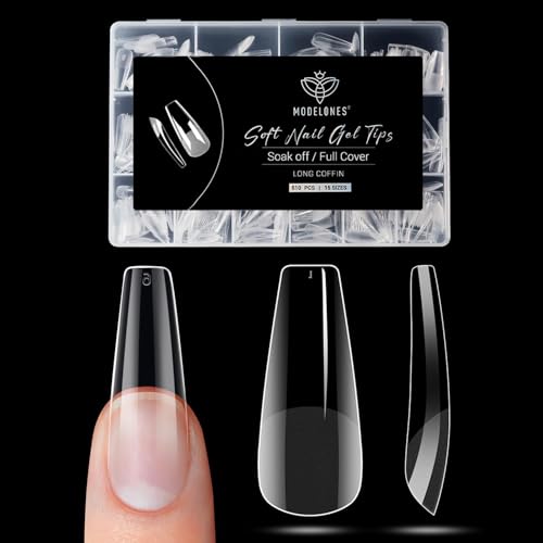 Modelones Nageltips, 510 Stuks, Semi-Gebakken Full Cover Soft Gel Nageltips, PMMA Kunsthars, 15 Maten,Coffin Lang - Semi-mat
