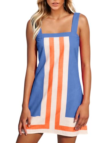 Image of Fiona Jolin Women's Striped Mini Dress Boho Shoulder Strap Sundress Summer Cover Up Dress for Beach