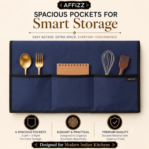 Image of Fridge Cover Top for Single Door Refrigerator with 6 Side Pockets | Waterproof, Dustproof & Washable Polyester Refrigerator Cover Top | Kitchen Organizer Fridge Top Cover | 130 x 54 cm | Blue
