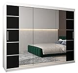 abiksmeble verona 4 250 armadio da camera a due ante scorrevoli - armadio moderno con specchio, barra e ripiani - 250x200x62 cm (l x a x p) - bianco opaco + nero opaco