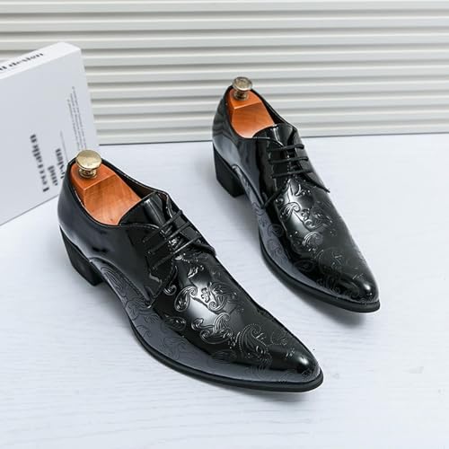 Men's Printing Pointed-Toe Patent Leather Derby Oxford Shoes,Classic Lace-up Low Top Block High Heel Fashion Slip On Prom Business Wedding Dress Shoes3