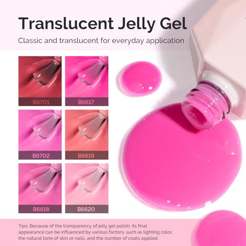 Image of MelodySusie Jelly Gel Nail Polish Set,6 Transparent Colors,Milky or Jelly Texture,Romantic and Lovely Pink Colors Soak Off UV LED Light Cure or Salon Manicure and Nail Art DIY at Home