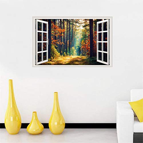 Forest Fake Windows Wall Sticker Removable 3D Nature Landscape Faux Windows Wall Sticker Vinyl Self-Adhesive Maple Trees Wall Mural Stickers for Bedroom Living Room Decoration