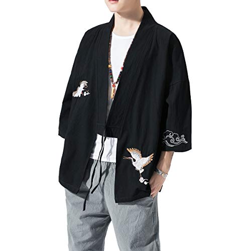 Image of PRIJOUHE Men's Kimono Jackets Cardigan Lightweight Casual Cotton Blends Linen Seven Sleeves Open Front Coat Outwear