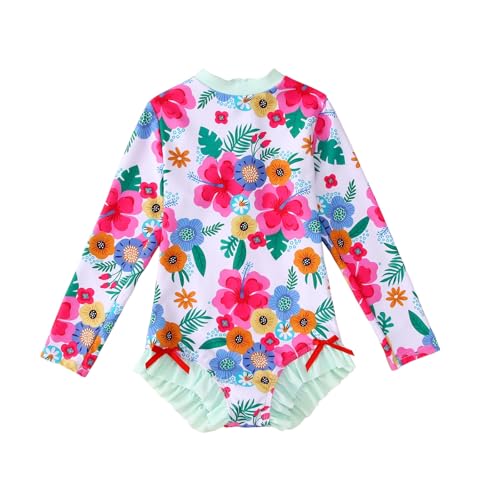 Image of IZYJOY Girl Long Sleeve Swimsuits Ruffle One Piece Rash Guard Bathing Suits Kids Floral UPF 50+ Zipper Swimwear 7-12Y