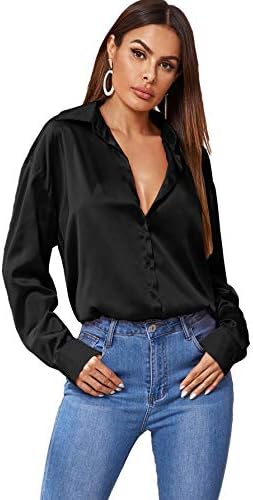 SOLY HUX Women's Satin Silk Long Sleeve Button Down Shirt Office Work Blouse Top Black S