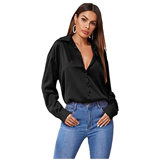 SOLY HUX Women's Satin Silk Long Sleeve Button Down Shirt Office Work Blouse Top Black S