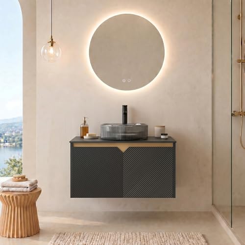 Yarneliosa 30 Inch Floating Bathroom Vanity with Sink, Wall Mounted Modern Vanity Cabinet with Fluted Doors, Black Sintered Stone Top, Ribbed Black Glass Vessel Sink, Soft Close Storage, Black