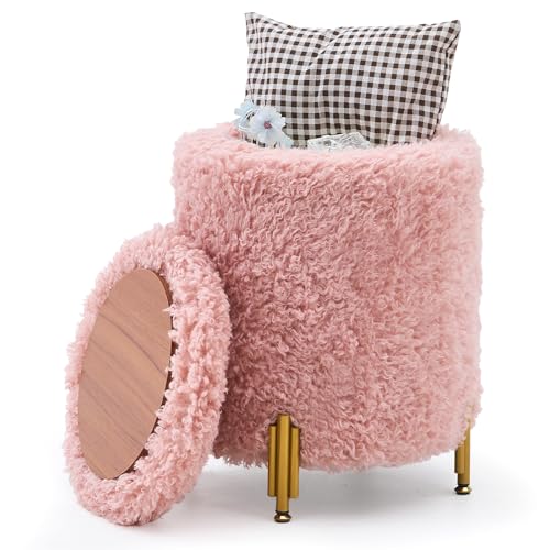 Mxfurhawa Round Ottoman Foot Stool with Storage and Metal Legs for Living Room Bedroom, Velvet Upholstered Footrest Stool Support 300lbs Modern Padded Seat Ottoman Coffee Table (Pink-Long Wool)