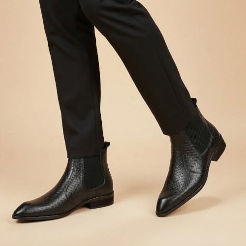 Image of Hayes London Chelsea Boots for Man | Crust Leather Black Ankle Boots | Cuban Heel Pointed Toe Stylish Formal & Casual Boots for Men | Slip-On Elastic Side Panel